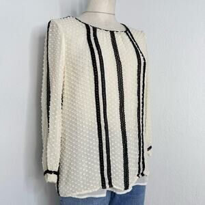 J.Crew Silk Blend Dot Texture Blouse Black Ivory Button Back Puff Sleeve SZ 8